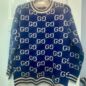 Gucci Blue and Tan Crewneck Sweater with Iconic GG Pattern